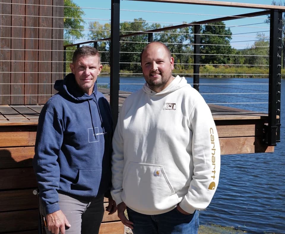Jason Meltz of Ghent Wood Products (right) with Andrew Jackson of Old Mill Carpentry at a Doju hardwood decking project